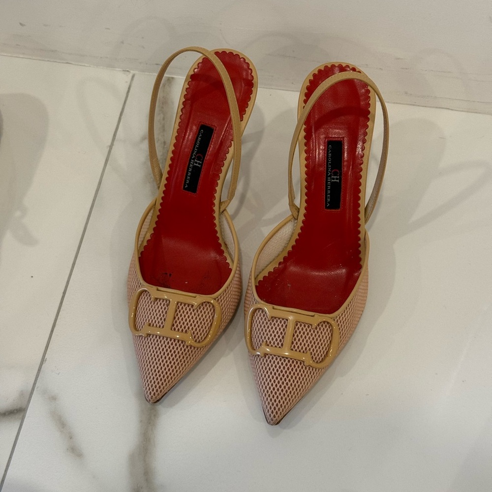 Carolina Herrera Tan and Red Mesh Slingback Heels